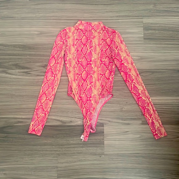 Fashion Nova Tops - Mesh Pink & Cream Snake Print Body Suit